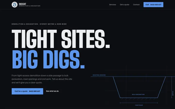 First Insight concept: dark blueprint style with the headline Tight sites, big digs