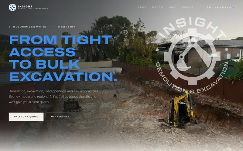 The final Insight hero: blue blocky headline over an open dig, with the logo in see-through white