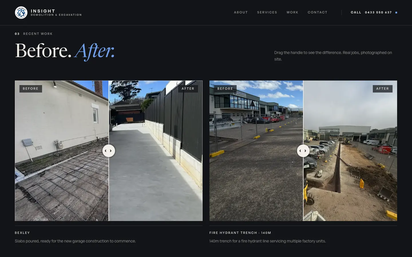The Insight site's recent work section, with before and after sliders from real jobs