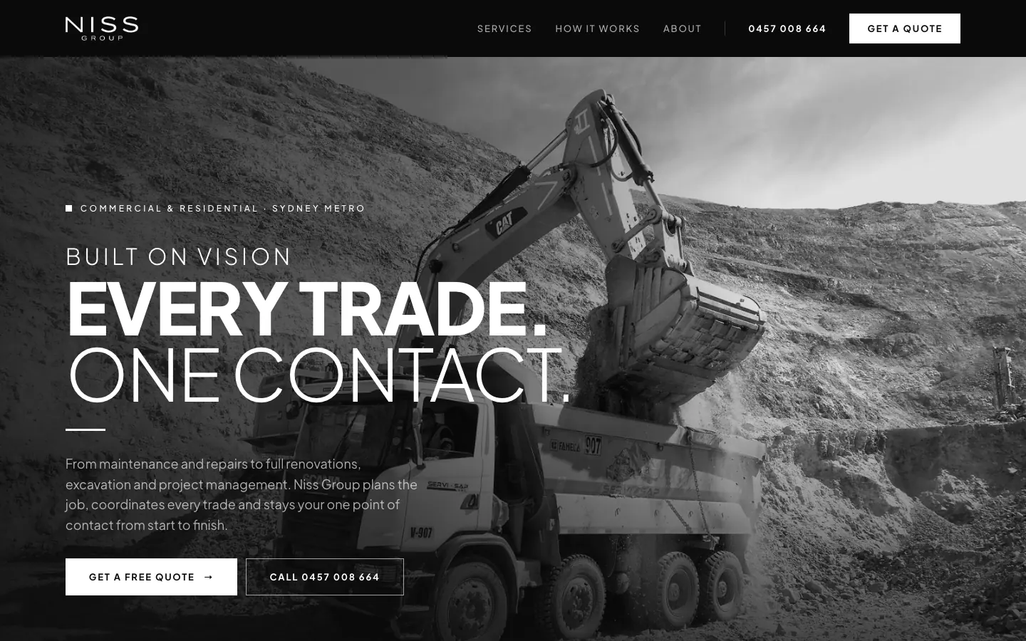 Niss Group homepage on desktop: black and white hero with an excavator loading a truck, headline Every trade, one contact